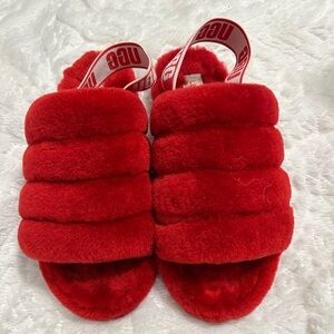 Like New UGG Fluff Ya Slide Red Ribbon Slingback Slippers | Size 9